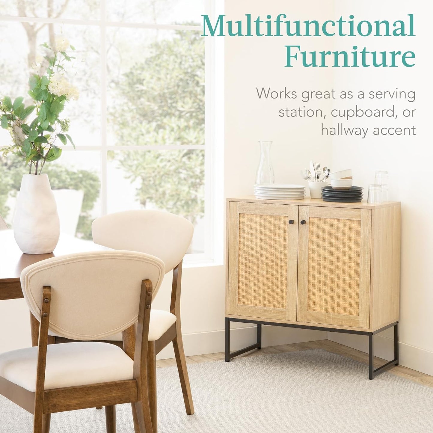 2-Door Rattan Storage Cabinet, Accent Furniture, Multifunctional Cupboard for Living Room, Hallway, Kitchen, Sideboard, Buffet Table W/Non-Scratch Foot Pads - Natural