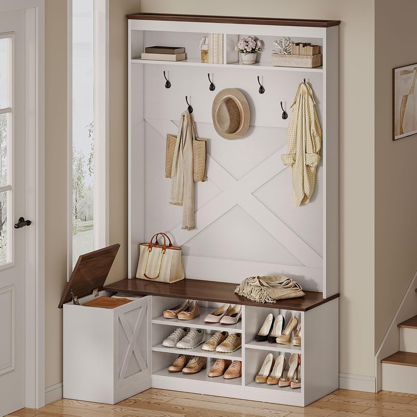 L-Shaped Hall Tree with Bench & Storage, Corner Entryway Organizer with 5 Shoe Shelves, Hidden Seat Compartment, Hooks & Open Top Storage for Living Room & Hallway, Walnut & Off-White