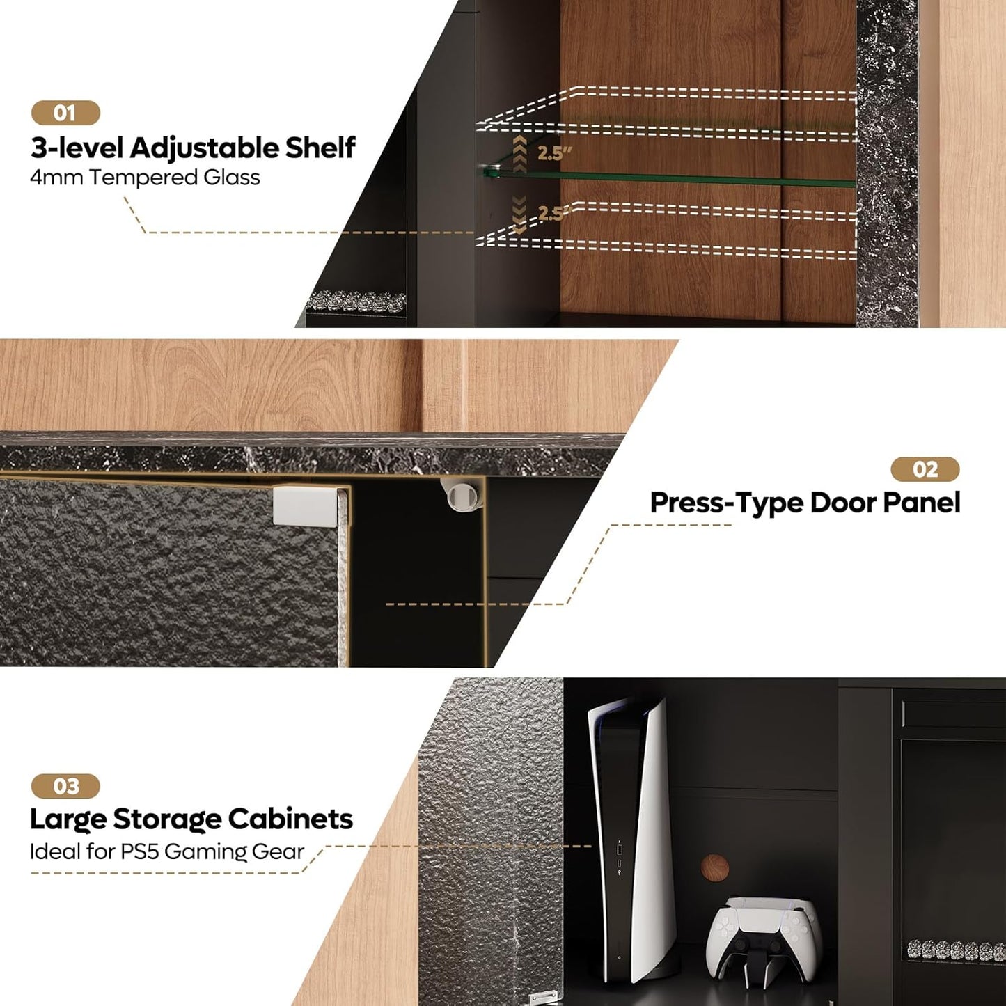 63" Modern Fireplace TV Stand for Tvs up to 70", Electric Entertainment Center with Adjustable LED Storage Cabinets, Textured Door, Farmhouse Media Console for Living Room, Black Marble