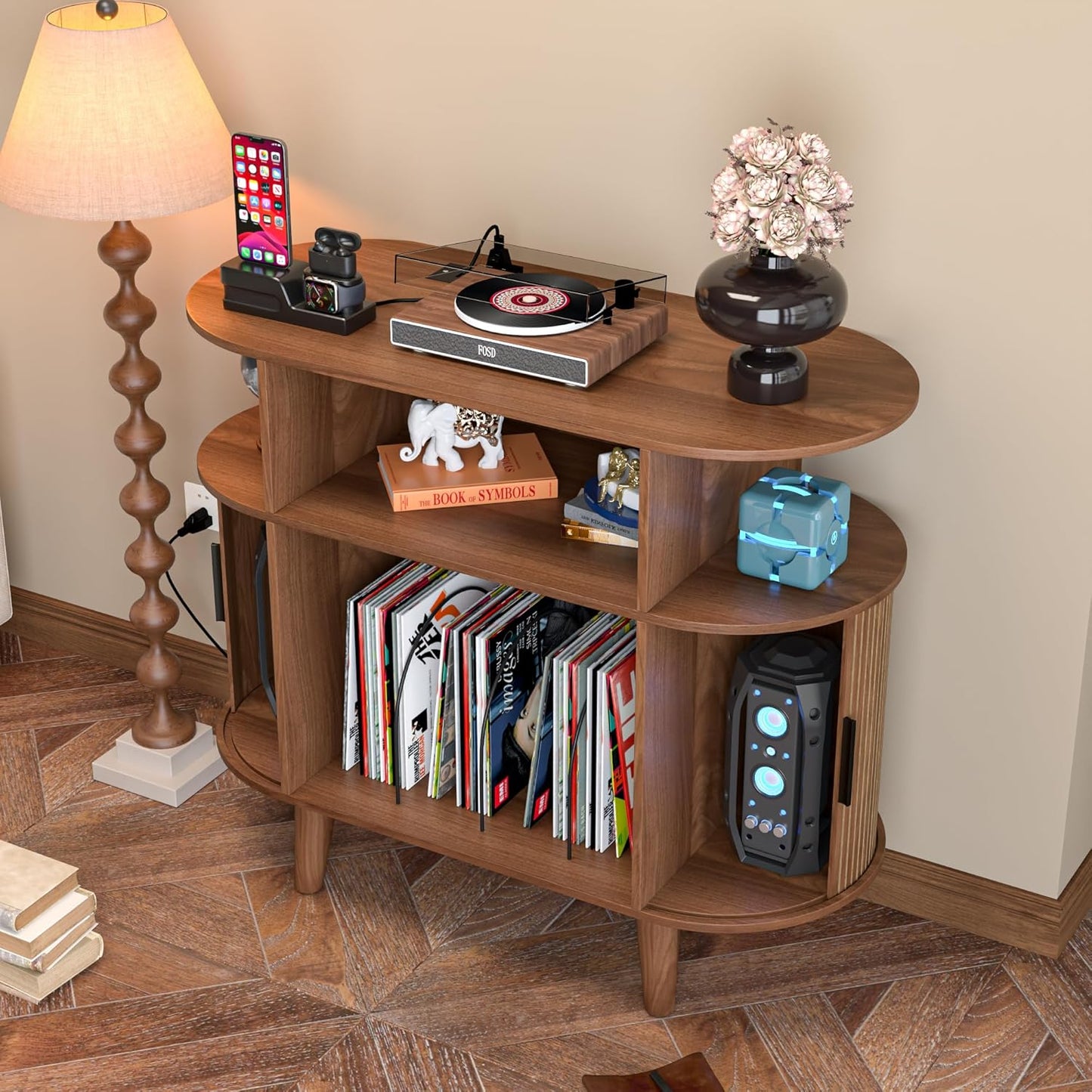 Large round Record Player Stand with Charging Station & USB Ports，Record Storage Cabinet, Mid Century Modern Turntable Stand for Bedroom Living Room (Small Brown)
