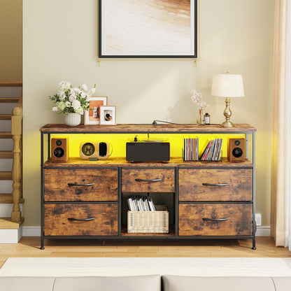 TV Stand for 50" Inch TV, Entertainment Center with LED Lights & Power Outlets, 5 Drawers Dresser for Bedroom Dresser with Shelves for Living Room, Hallway, Rustic Brown
