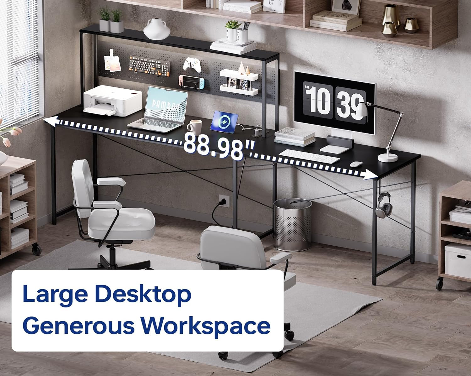 60 Inch L Shaped Gaming Desk with LED Lights and Power Outlets Reversible Corner Computer Desk with Pegboard Storage Shelves Home Office Table for Work Study White