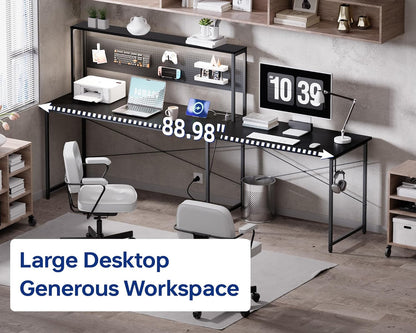 60 Inch L Shaped Gaming Desk with LED Lights and Power Outlets Reversible Corner Computer Desk with Pegboard Storage Shelves Home Office Table for Work Study White