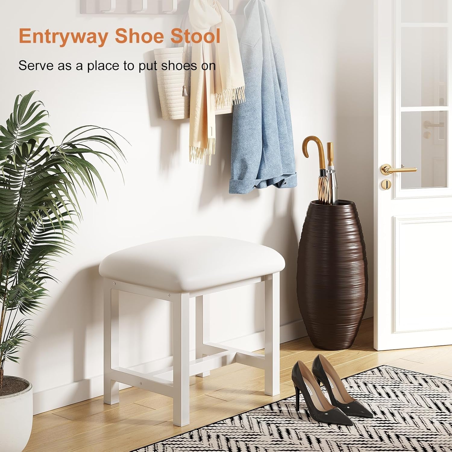 White Vanity Stool, Small Vanity Chair, Cute Makeup Bench Seat with Leather Cushioned, Desk Stools for Bedroom, Bathroom, Entryway, Living Room, Office