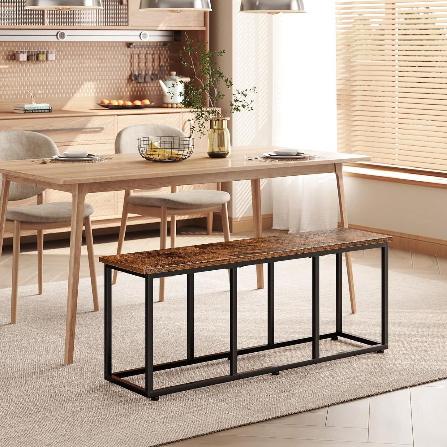 Dining Bench, 47.2 Inch Dining Table Bench, Industrial Style Kitchen Bench, Steel Frame, Easy to Assemble, for Kitchen, Dining Room, Rustic Brown and Black BF45CD01