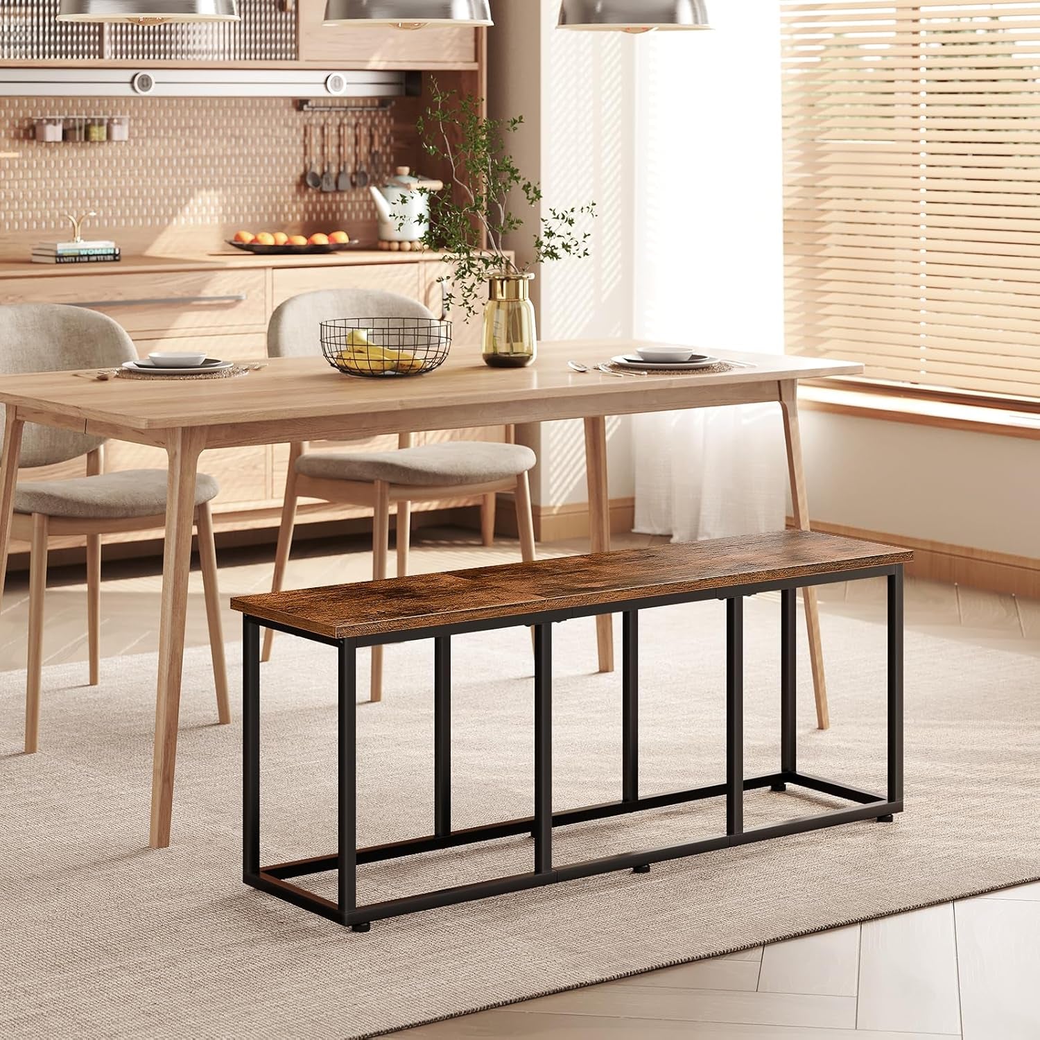 Dining Bench, 47.2 Inch Dining Table Bench, Industrial Style Kitchen Bench, Steel Frame, Easy to Assemble, for Kitchen, Dining Room, Rustic Brown and Black BF45CD01