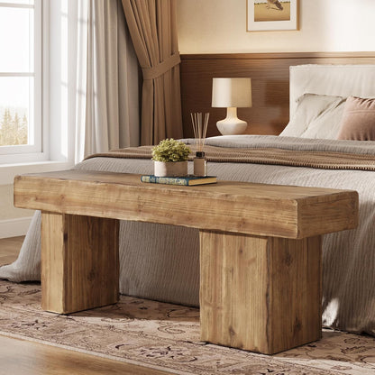 Thickened Solid Wood Bench, 47" Rustic Farmhouse Entryway Bench with Artistic Legs, Heavy Duty Dining Bench for Kitchen, Living Room, Hallway, End of Bed, Natural Wood