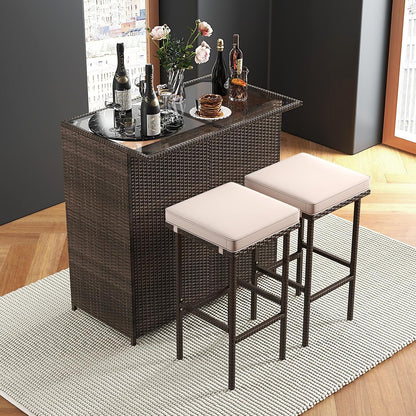 3 Piece Patio Bar Set, Outdoor Rattan Bar Table and 2 Stools with Tempered Glass Tabletop, 2-Tier Storage, Removable Cushions, outside Wicker Conversation Set