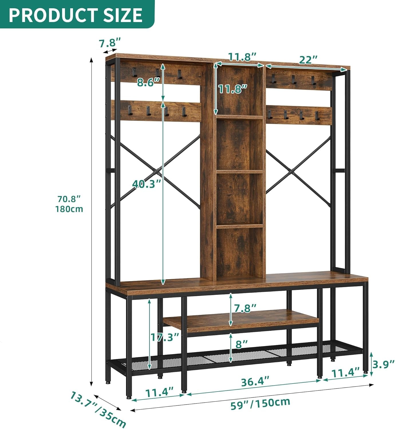 Farmhouse Entryway Bench with Coat Rack 59", 5-In-1 Hall Tree with Bench and Shoe Storage for Entrance, Living Room, Bedroom, Rustic Brown