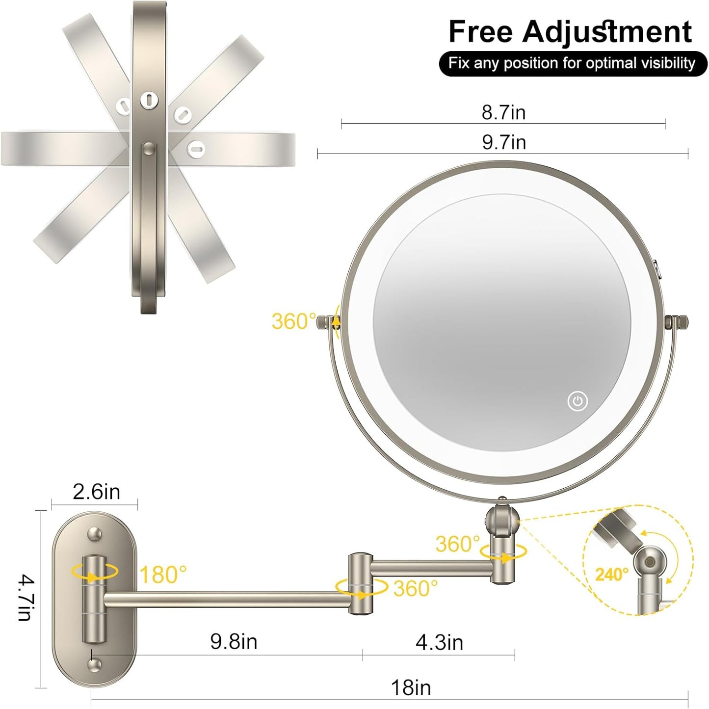 9" Wall Mounted Lighted Makeup Mirror,4000Mah Rechargeable Double Sided 1X/10X Magnifying Mirror with Light,3 Color Lights,Touch Dimmable,Extended Arm 360 Rotation Wall Mounted Makeup Mirror