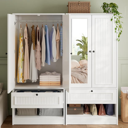 Wood Armoire Wardrobe Closet with Mirror Door and Drawer, 2 Doors Bedroom Storage Cabinet for Hanging Clothes, White