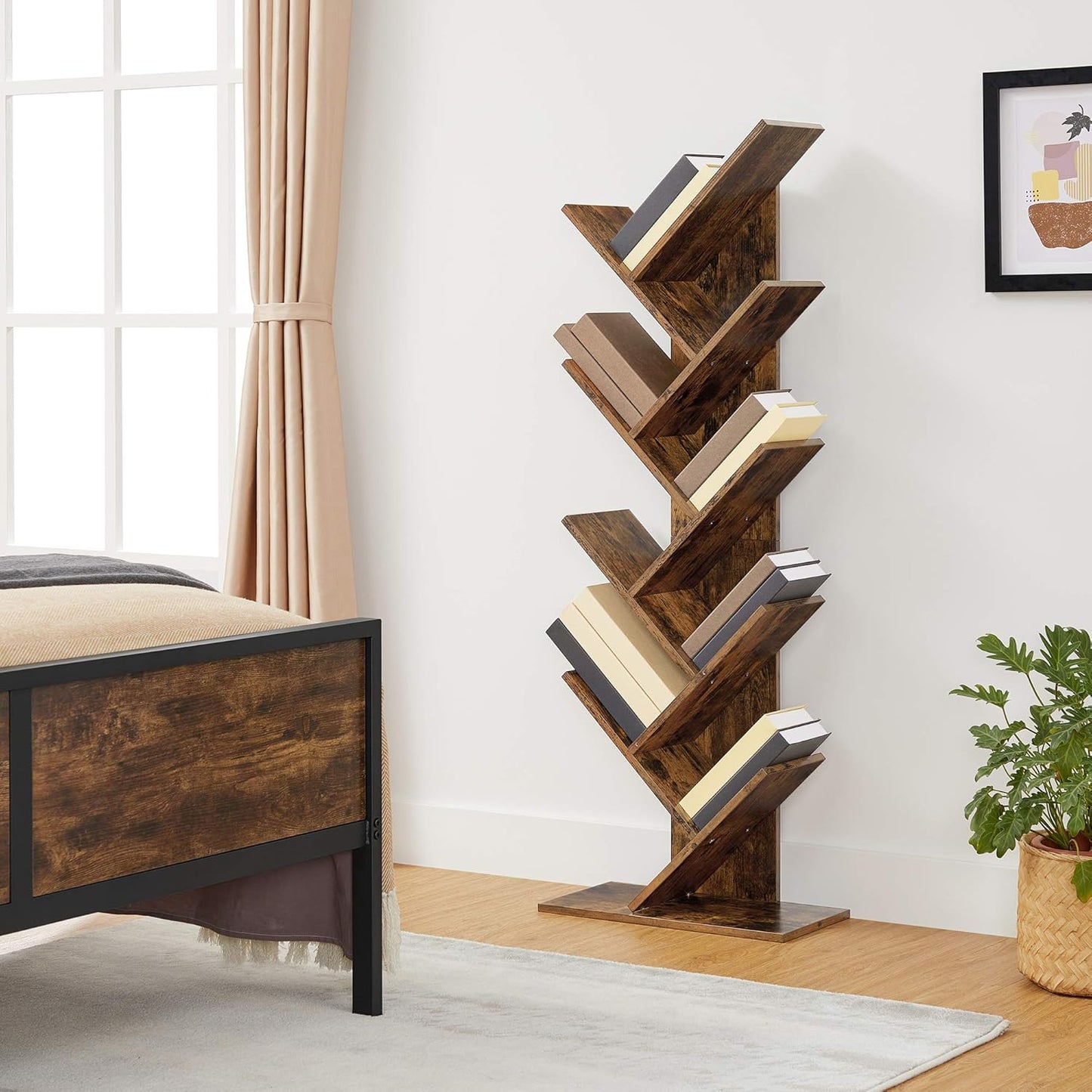 Tree Bookshelf, 5-Tier Bookcase, Small Bookshelf, Space-Saving Corner Shelf, Book Tree, Holds Books, Cds, Games, for Bedroom, Living Room, Home Office, Rustic Brown ULBC183X01