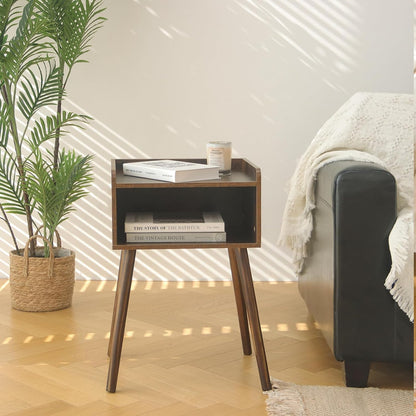 Nightstand, Mid Century Modern Side Table Bedroom with Storage, Small End Bedside Table with Solid Wood Legs for Living Room, Office Small Spaces (Rustic Brown)