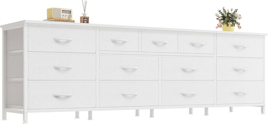 70 Inch White Dresser for Bedroom, TV Stand for 65, 75, 80 Inch TV, 13 Fabric Drawer Long Dresser, Wide Chest of Drawer, Storage Units for Bedroom