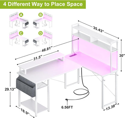 Small L Shaped Desk Gaming Desk with Power Outlets, 48" Reversible L Shaped LED Computer Desk with Monitor Stand & Storage Shelf, Corner Gamer Desk Home Office Desk with Storage Bag, White