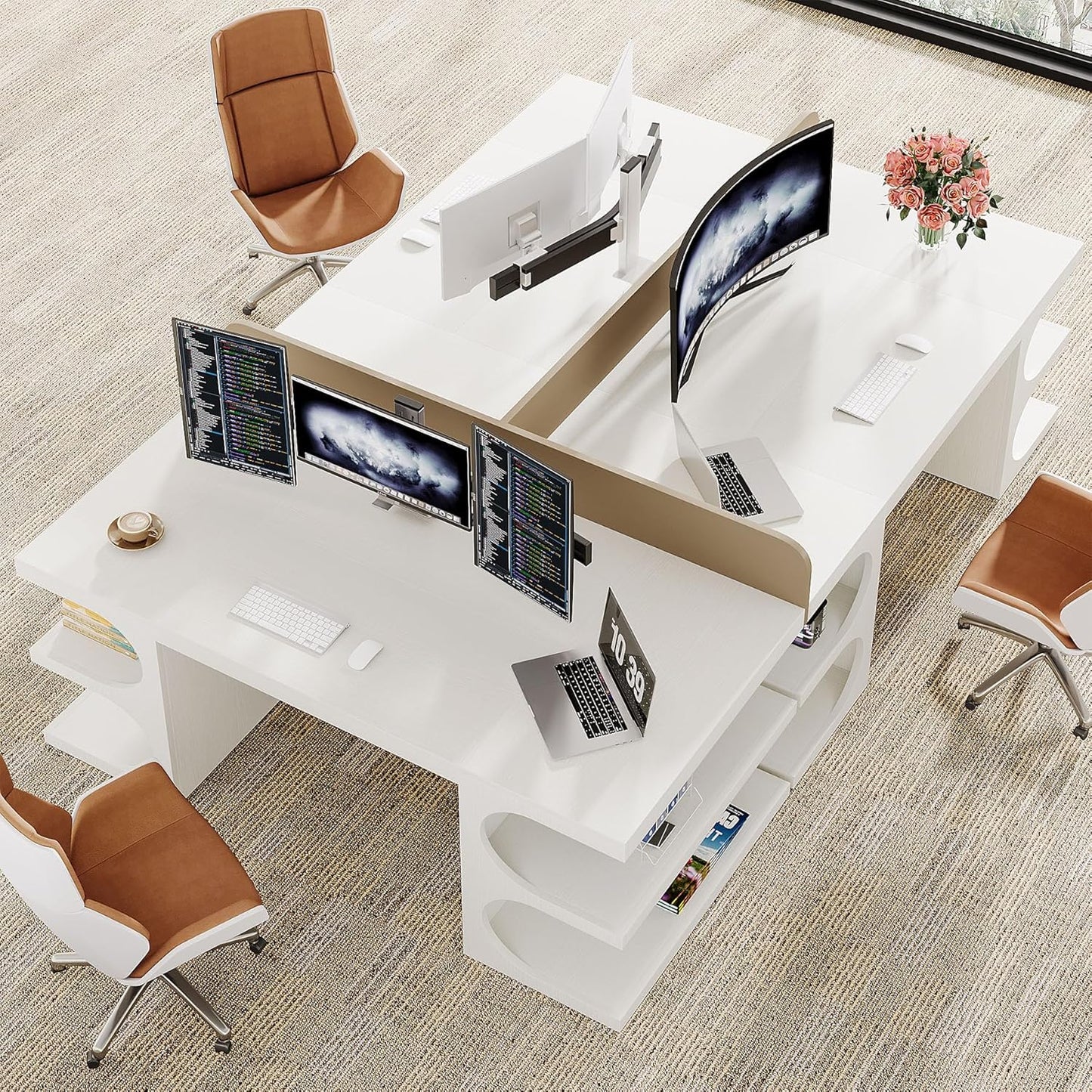 Modern Executive Office Desk, 63-Inch Large Computer Home Office Desk with Storage Shelves, Wood Study Writing Table, Workstation Business Furniture, White