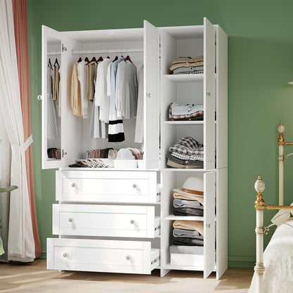 Armoire Wardrobe Closet with Drawers and Mirror, 71" Clothing Storage Cabinet with Hanging Rod, 4 Doors Wooden Wardrobe Cabinet for Bedroom, Large Capacity Storage