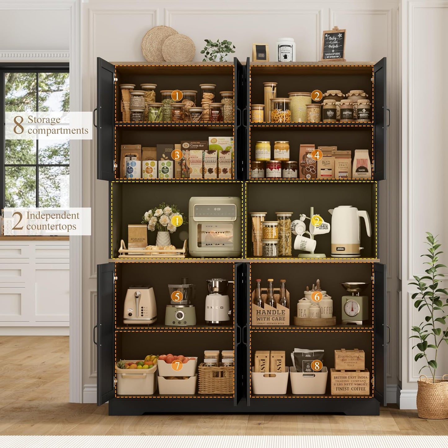 71" Tall Pantry Cabinet, 55" Wide Kitchen Pantry Storage Cabinet, Large Kitchen Hutch with 2 Microwave Stands, Farmhouse Coffee Bar Station with Doors and Shelves for Dining Room, Black