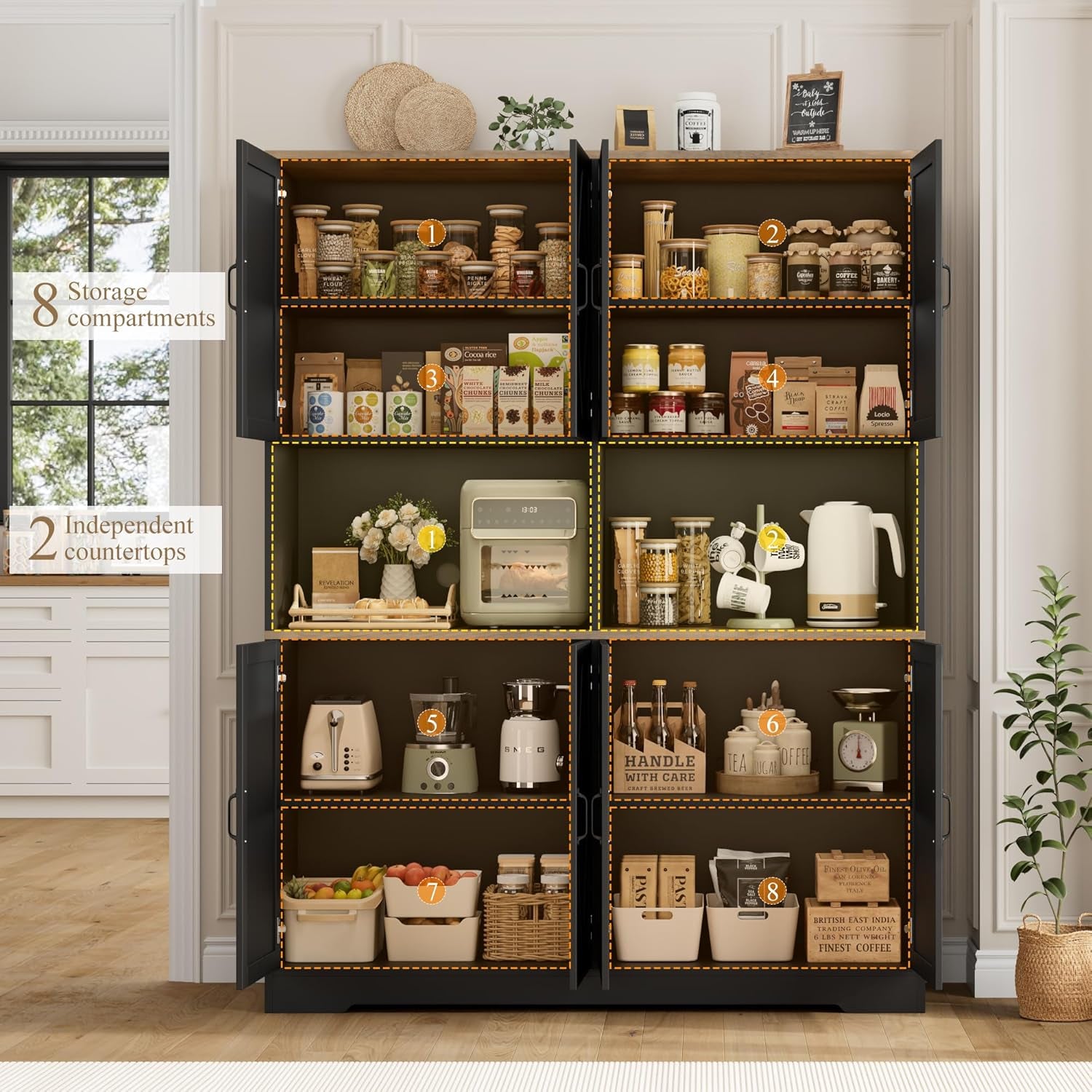 71" Tall Pantry Cabinet, 55" Wide Kitchen Pantry Storage Cabinet, Large Kitchen Hutch with 2 Microwave Stands, Farmhouse Coffee Bar Station with Doors and Shelves for Dining Room, Black