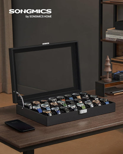 24-Slot Watch Box, Lockable Watch Storage Case with Glass Lid, Gift Idea, Ink Black Synthetic Leather, Ink Black Lining UJWB024B02