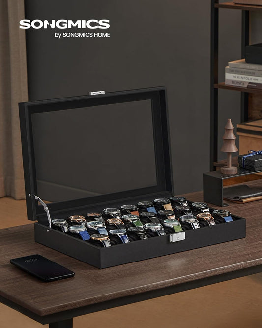 24-Slot Watch Box, Lockable Watch Storage Case with Glass Lid, Gift Idea, Ink Black Synthetic Leather, Ink Black Lining UJWB024B02