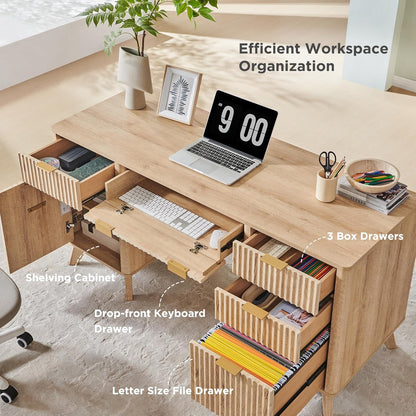 Fluted Executive Desk with Drawers, 60" Modern Home Office Computer Desk with Charging Station, File Cabinet, Keyboard Tray and Storage Cabinet for Study, Living Room, Bedroom, Natural Oak