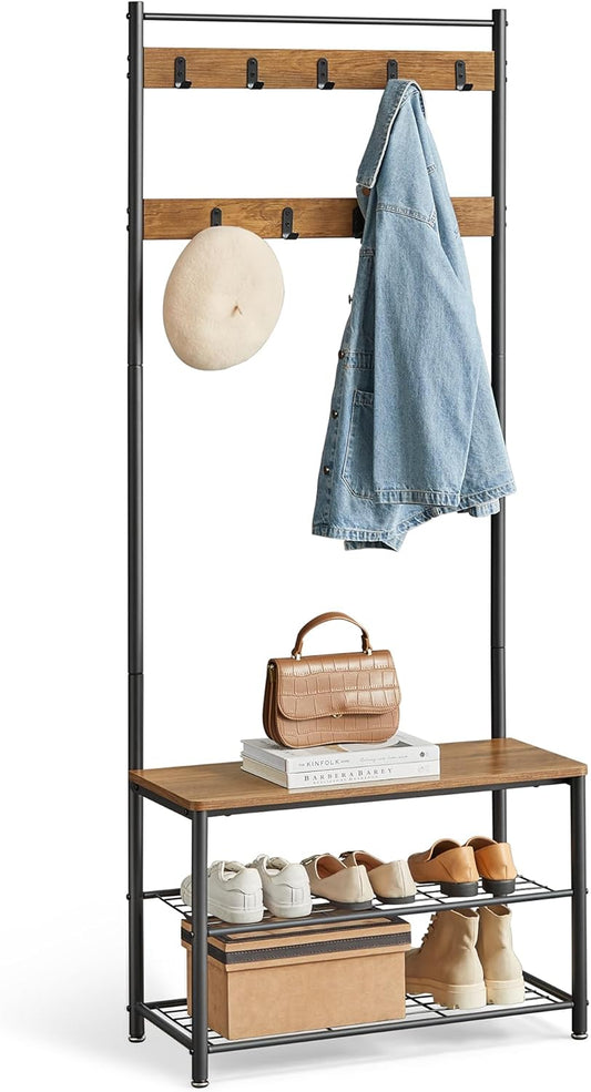 Coat Rack, Hall Tree with Shoe Storage Bench, Entryway Bench with Shoe Storage, 3-In-1, Steel Frame, for Entryway, 12.6 X 27.6 X 68.9 Inches, Industrial, Rustic Walnut and Black UHSR041B41