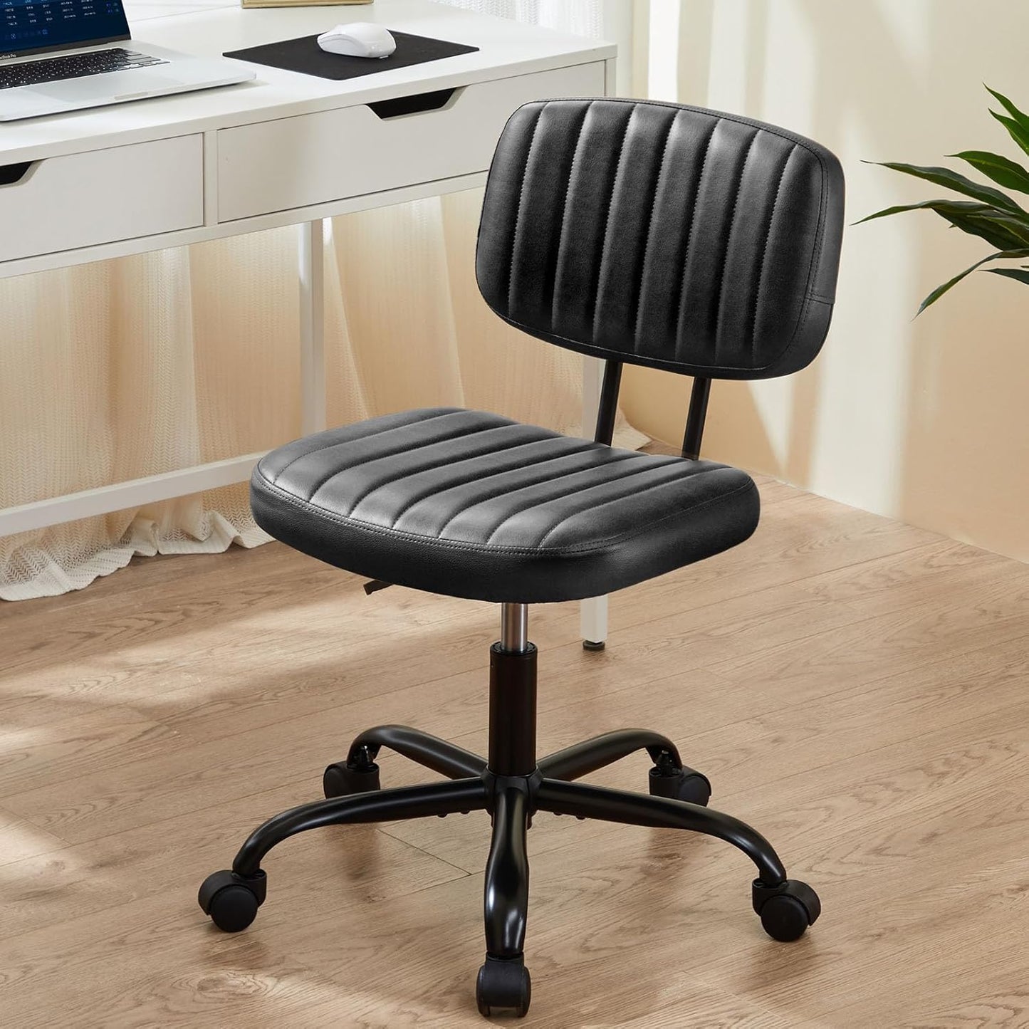 Small Office Desk Chair with Wheels Armless Comfy Computer Chair with Lumbar Support, PU Leather Low Back Adjustable Height 360° Rolling Swivel Task Chair without Arm for Home, Bedroom