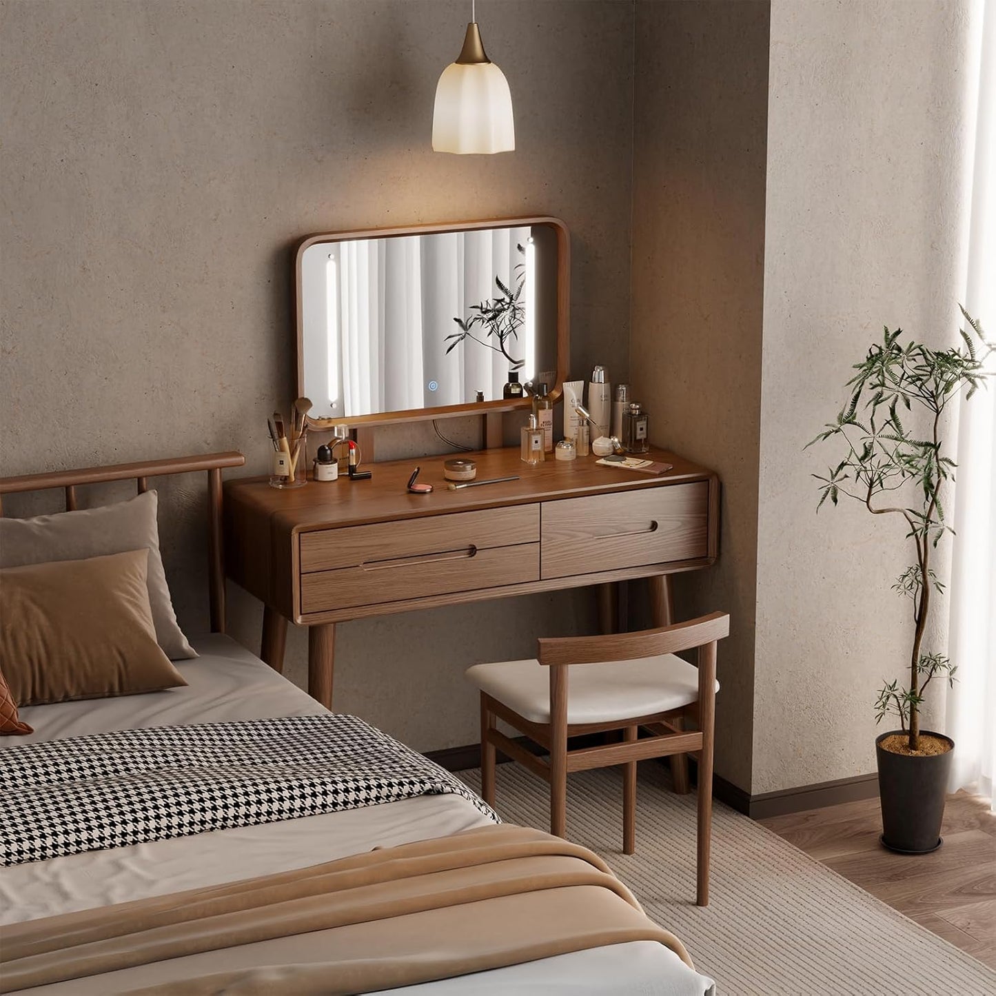 Solid Wood Vanity Desk with Mirror and Lights,Adjustable Height and Brightness, Makeup Vanity with 3 Drawers,Semi-Assembled,Dressing Table for Bedroom and Living Room (Walnut)