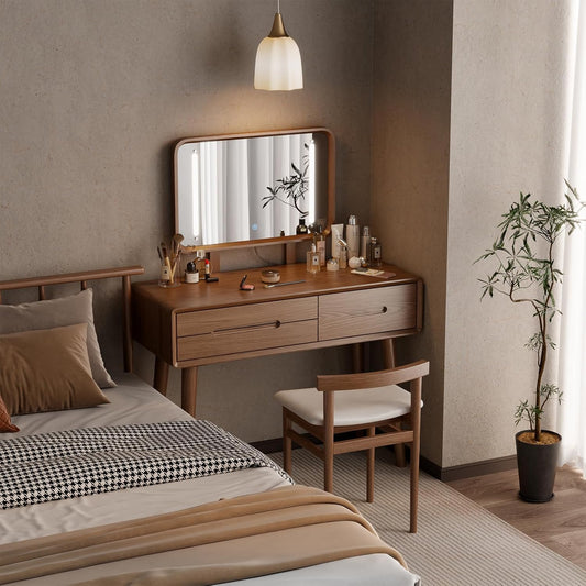 Solid Wood Vanity Desk with Mirror and Lights,Adjustable Height and Brightness, Makeup Vanity with 3 Drawers,Semi-Assembled,Dressing Table for Bedroom and Living Room (Walnut)