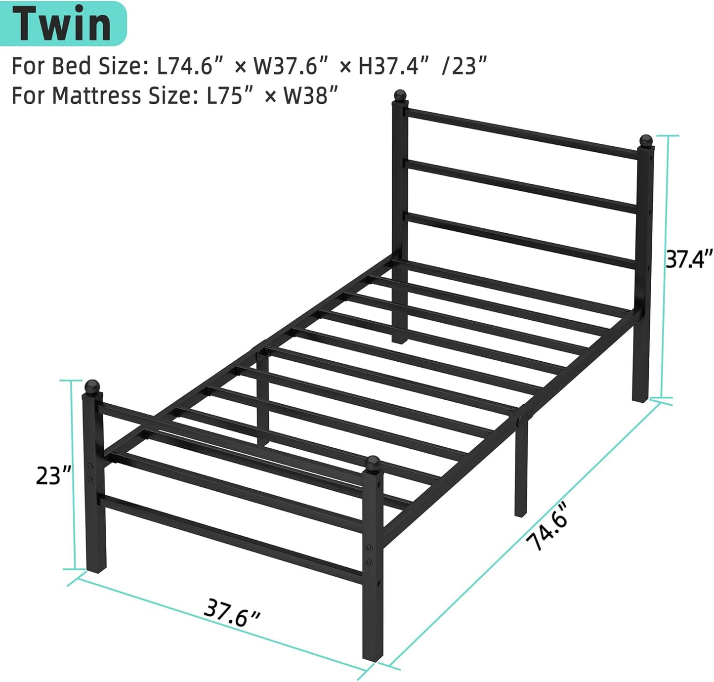 Twin Bed Frames with Headboard and Footboard, 14 Inch Metal Platform Twin Size Bed Frame with Steel Slat Support, No Box Spring Needed, Noise Free, Easy Assembly, Black