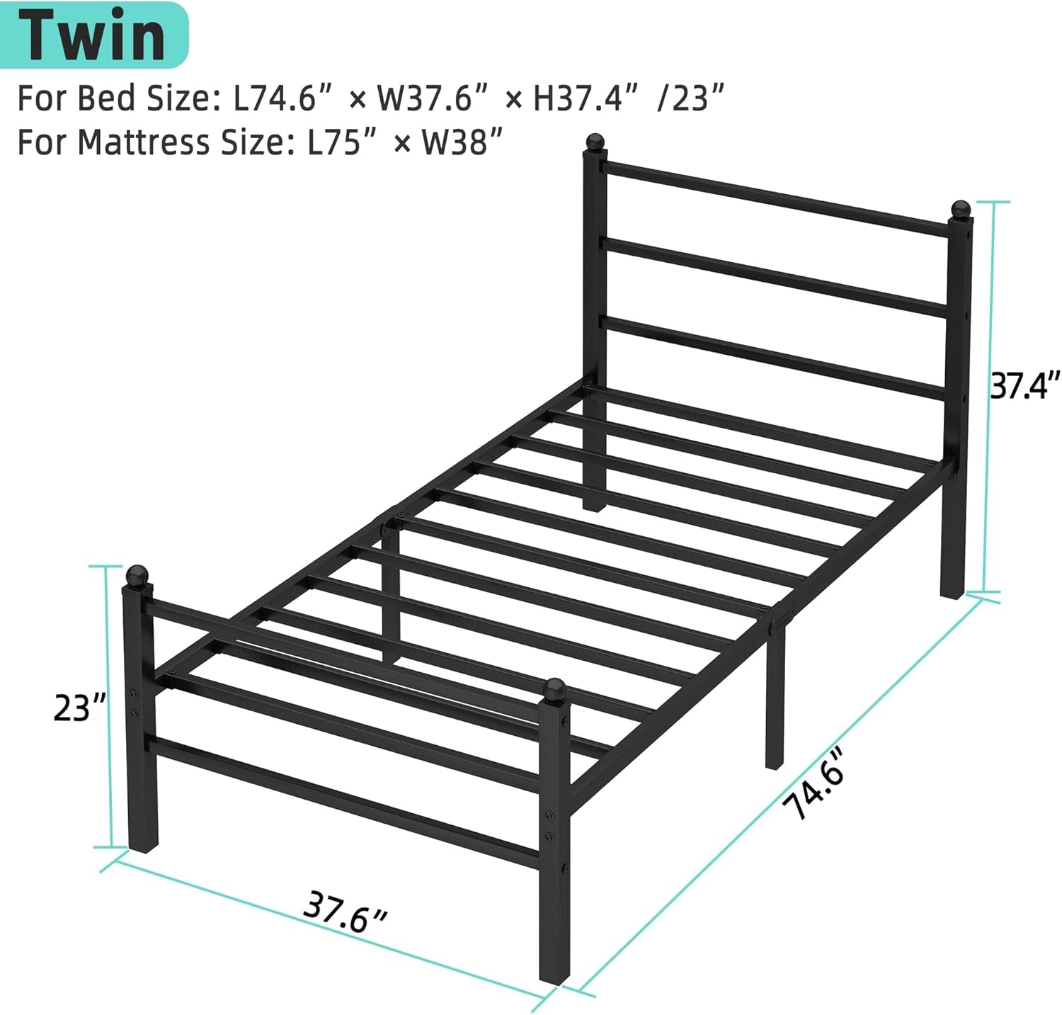 Twin Bed Frames with Headboard and Footboard, 14 Inch Metal Platform Twin Size Bed Frame with Steel Slat Support, No Box Spring Needed, Noise Free, Easy Assembly, Black