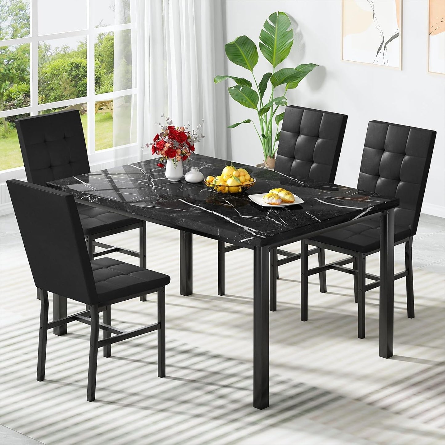 Kitchen Table Set 5 Piece Dining Room Table Set Marble Dining Table 4 Chair Dining Table Set for Kitchen Living Room Breakfast Small Spaces (Black)