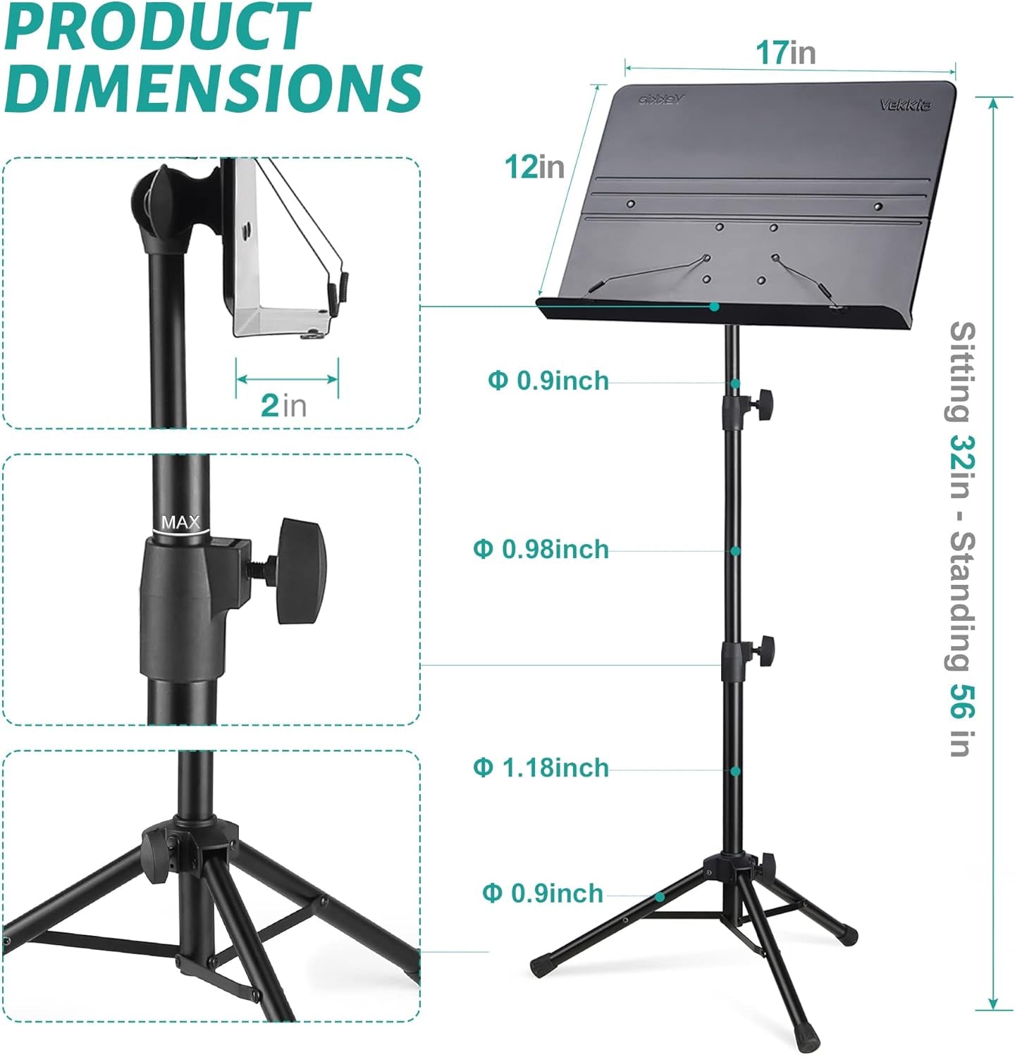 Professional Portable Sheet Music Stand - Folding Adjustable Holder, with Carrying Bag, Sturdy for Instrumental Performance, Band & Travel