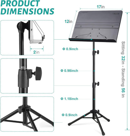 Professional Portable Sheet Music Stand - Folding Adjustable Holder, with Carrying Bag, Sturdy for Instrumental Performance, Band & Travel