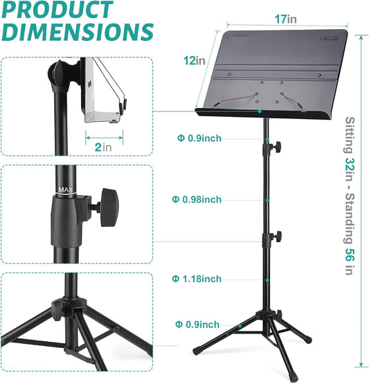 Professional Portable Sheet Music Stand - Folding Adjustable Holder, with Carrying Bag, Sturdy for Instrumental Performance, Band & Travel
