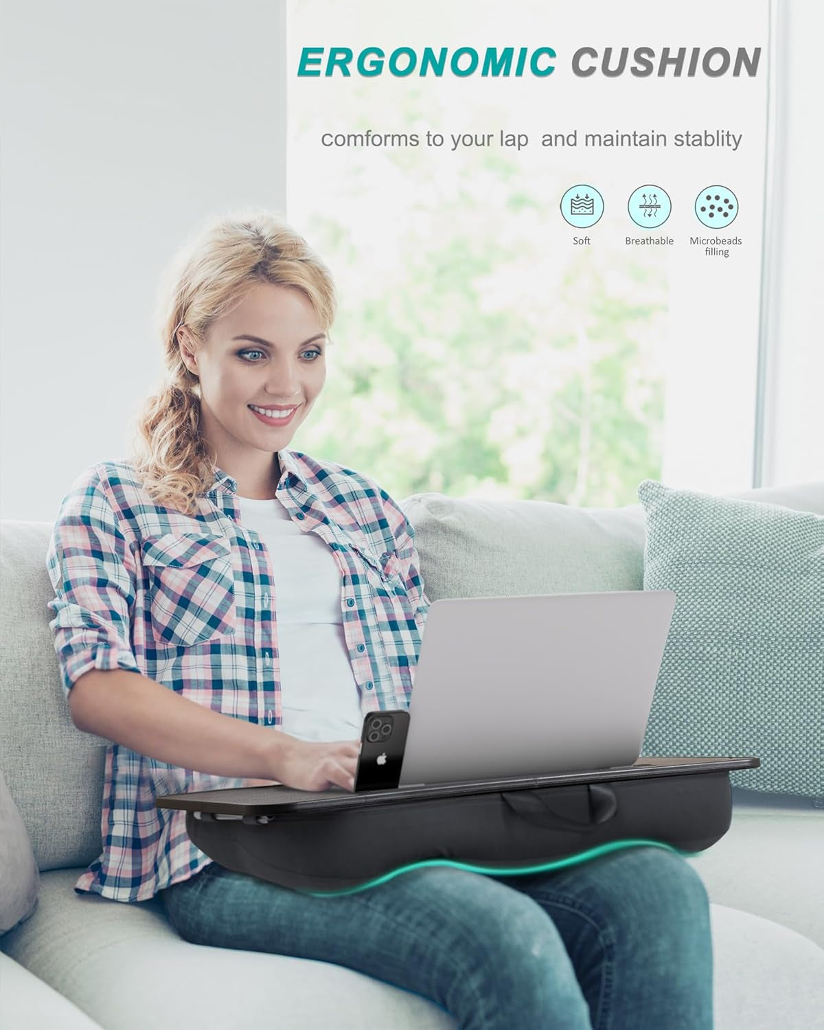 Lap Desk, Portable Laptop Stand with Washable Cushion, Fits up to 17 Inch Laptop, with Device Ledge and Phone Holder, Use on Bed,Couch, Sofa, Floor, Home Office–  (Large, Black)