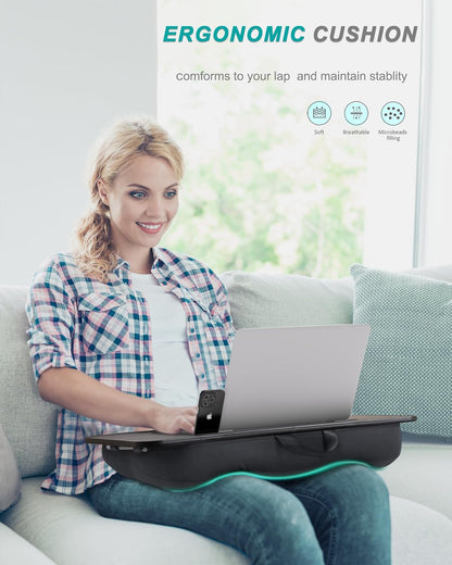 Lap Desk, Portable Laptop Stand with Washable Cushion, Fits up to 17 Inch Laptop, with Device Ledge and Phone Holder, Use on Bed,Couch, Sofa, Floor, Home Office–  (Large, Black)