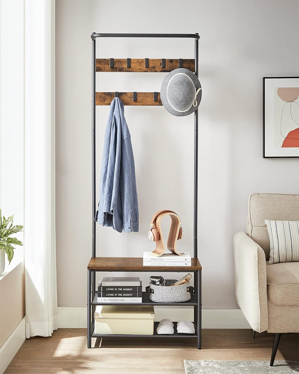 Hall Tree with Bench and Shoe Storage, Entryway Bench with Coat Rack Stand and Shoe Rack, 9 Movable Hooks, Top Bar, Fabric Shelves, Industrial, Rustic Brown and Black UHSR411B01