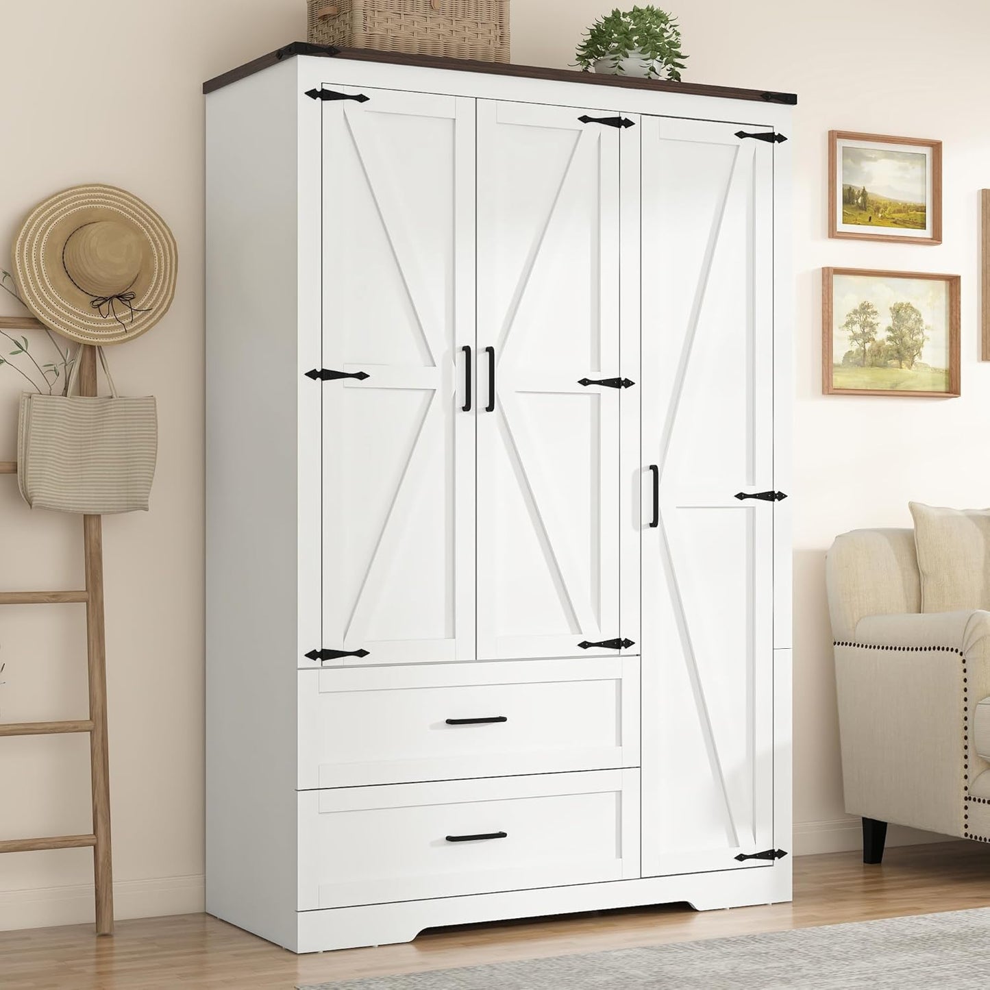Farmhouse Wardrobe Armoire Closet with 3 Doors and 2 Drawers, 70.1" Wooden Clothing Storage Cabinet, Freestanding Large Capacity Storage Wardrobe Armoire with Hanging Rod for Bedroom, White