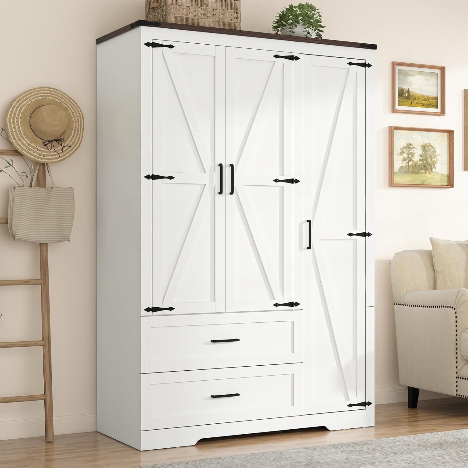 Farmhouse Wardrobe Armoire Closet with 3 Doors and 2 Drawers, 70.1" Wooden Clothing Storage Cabinet, Freestanding Large Capacity Storage Wardrobe Armoire with Hanging Rod for Bedroom, White