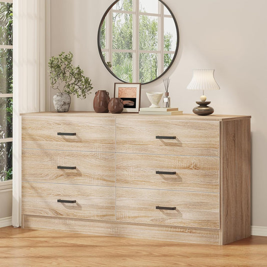 Dresser for Bedroom, 6 Drawer Double Dresser, Modern Chest of Drawers with Deep Drawers, TV Stand Large Storage Organizer for Living Room, Closet (Light Oak)