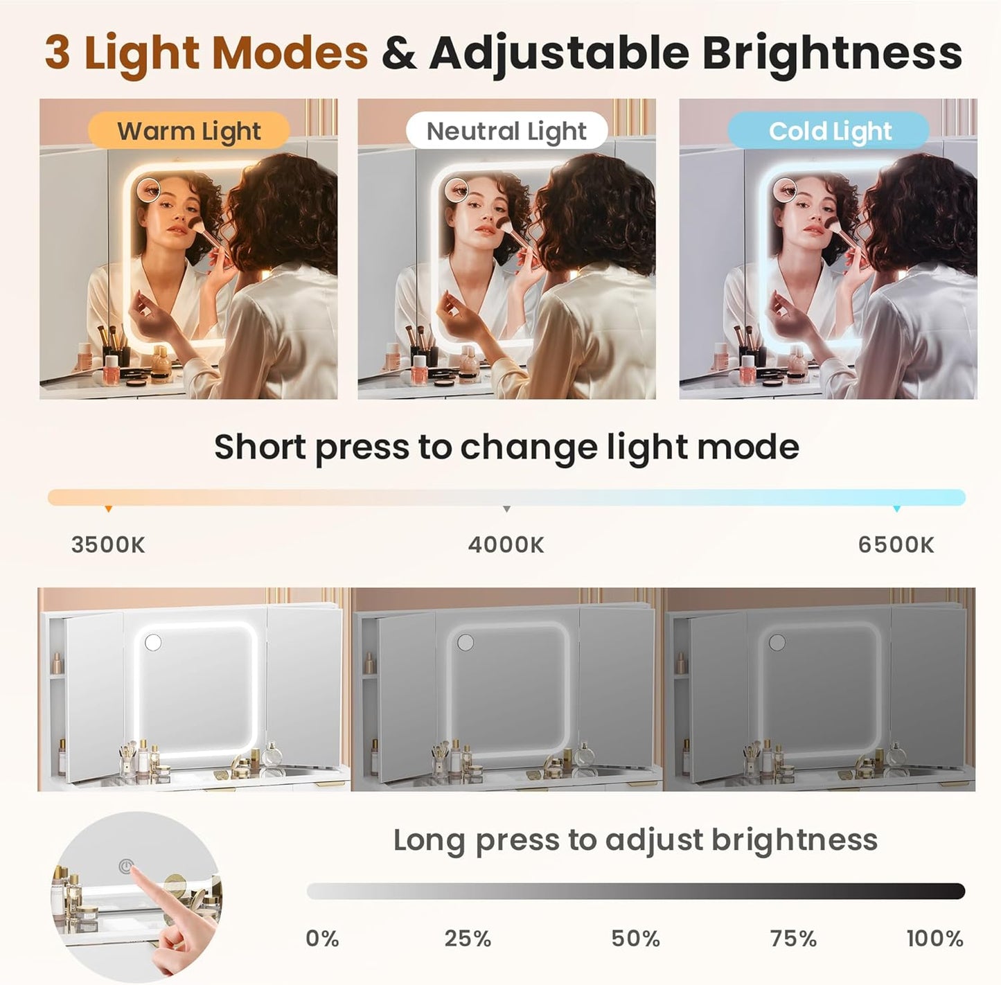 11 Drawers Vanity Desk with Foldable Mirror, Glass Top Makeup Vanity with LED Lights, 3 Lighting Modes, Golden Handles Dressing Table with Chair and Power Outlet
