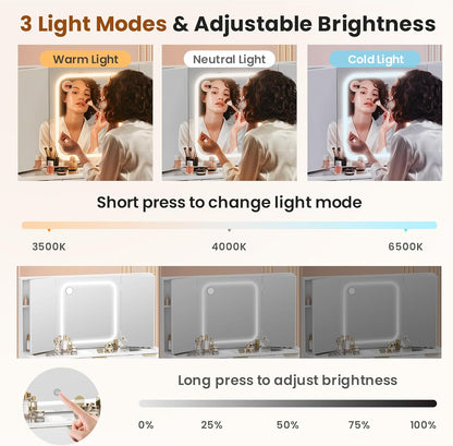 11 Drawers Vanity Desk with Foldable Mirror, Glass Top Makeup Vanity with LED Lights, 3 Lighting Modes, Golden Handles Dressing Table with Chair and Power Outlet