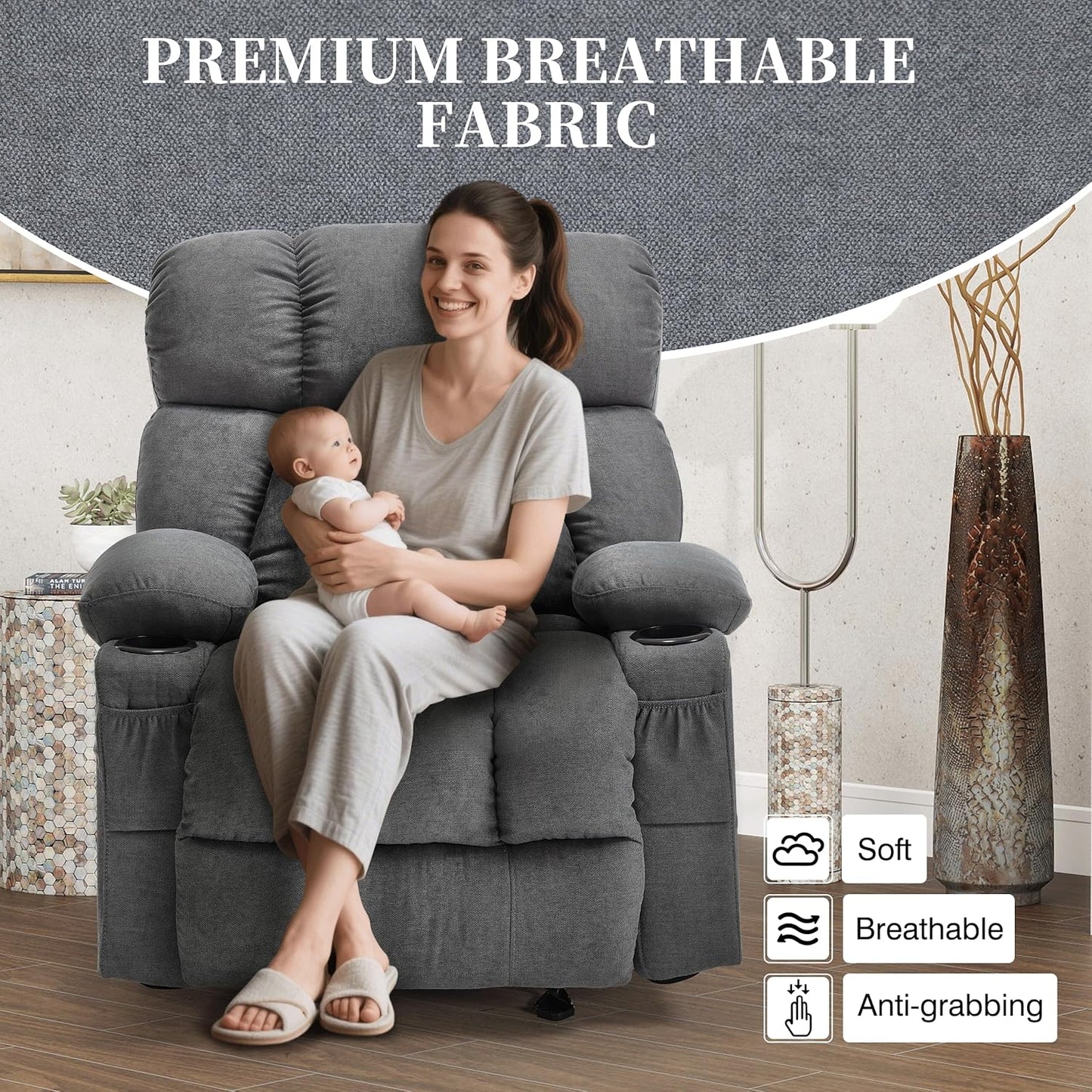 Recliner Chair with Massage Rocker Heat, Ergonomic Oversized Reclining Lounge Chair with Side Pockets, USB Charging Port, Sturdy Metal Frame, Overstuffed Nursery Rocking Chairs for Living Room