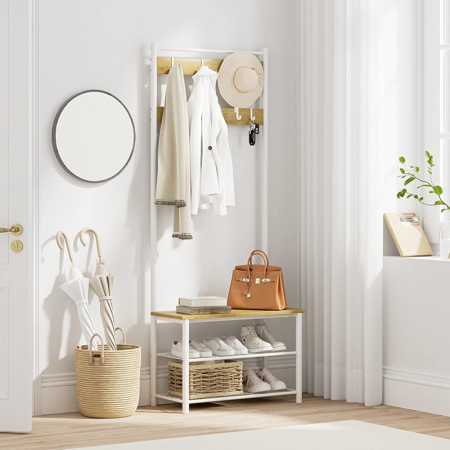 Hall Tree with Bench and Shoe Storage, 3-In-1 Coat Rack Shoe Bench, Freestanding Wooden Coat Rack with Metal Frame, 3-Tier Storage Shelf and 9 Removable Hooks, White/Walnut