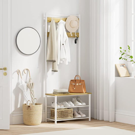 Hall Tree with Bench and Shoe Storage, 3-In-1 Coat Rack Shoe Bench, Freestanding Wooden Coat Rack with Metal Frame, 3-Tier Storage Shelf and 9 Removable Hooks, White/Walnut