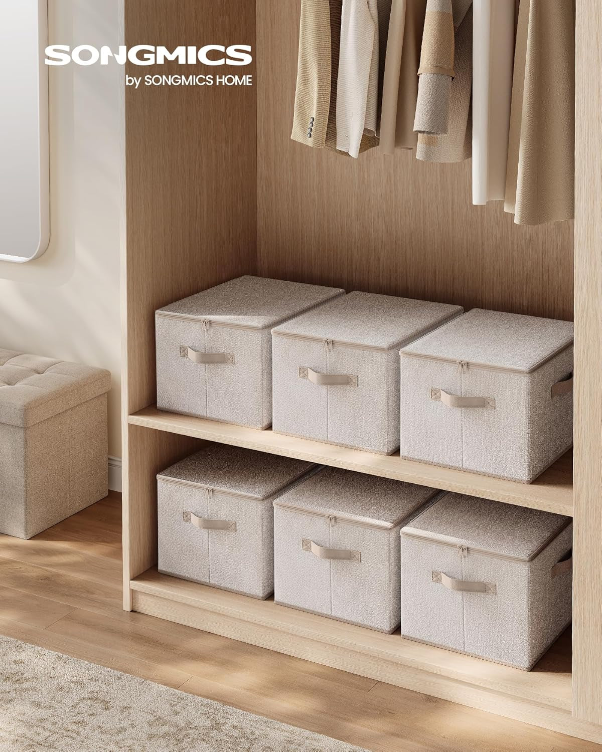 Foldable Storage Organizer Boxes, Set of 3 Storage Basket Bins with Lids, Handles, Clothes Organizer, 15.7 X 11.8 X 9.8 Inches, Non-Woven Fabric, Summer Sand URZB003K01