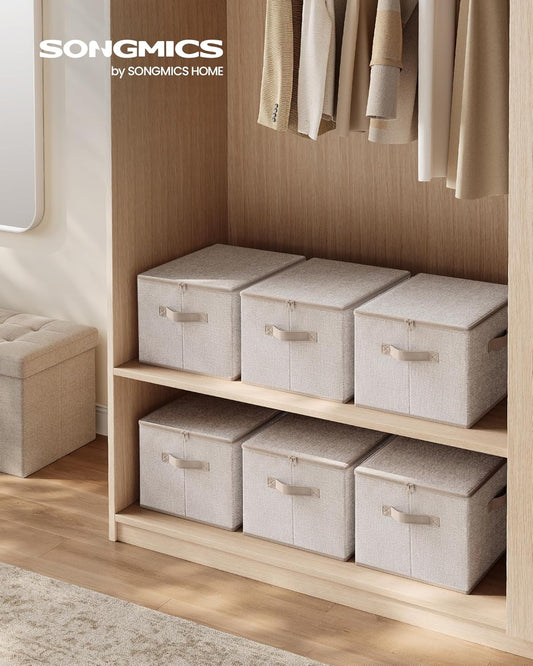 Foldable Storage Organizer Boxes, Set of 3 Storage Basket Bins with Lids, Handles, Clothes Organizer, 15.7 X 11.8 X 9.8 Inches, Non-Woven Fabric, Summer Sand URZB003K01
