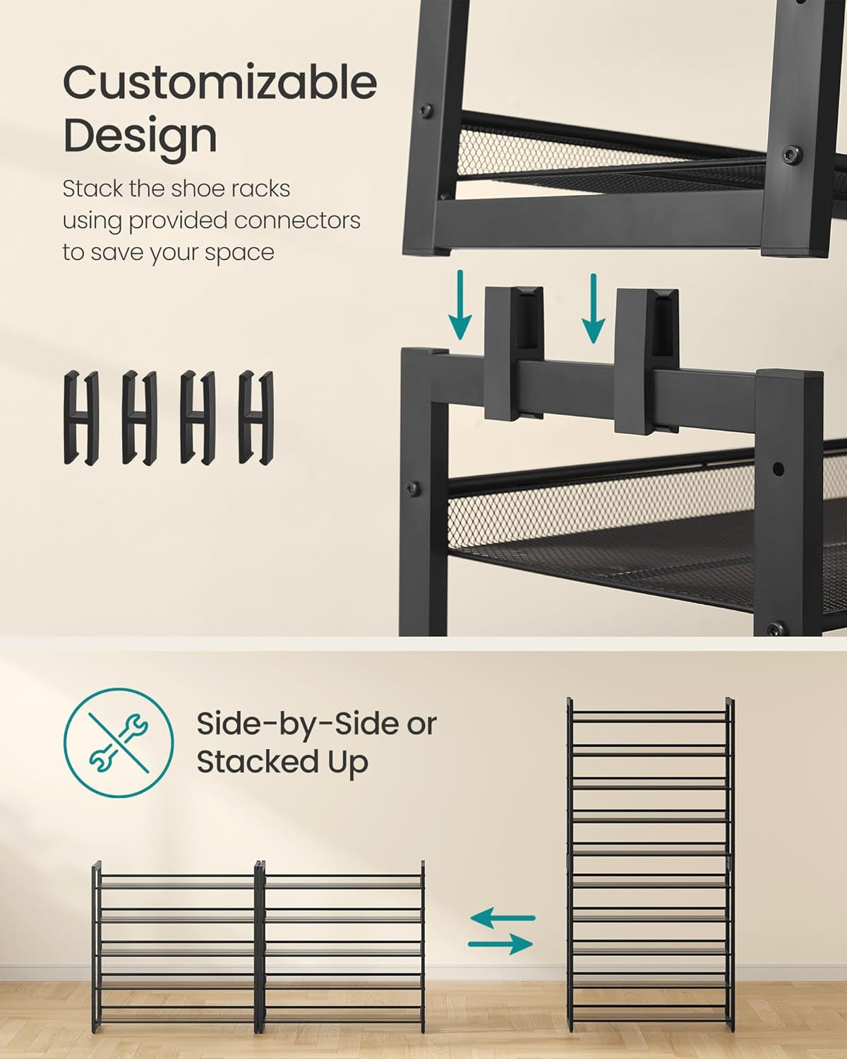 Shoe Rack, 10-Tier Shoe Organizer, Metal Rack for Garage, Set of 2, 5-Tier Stackable Shelf, with Adjustable Flat or Angled Shelves, 40-50 Pairs, Ink Black ULMR010B01